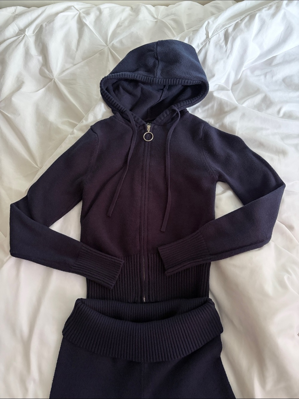 Navy Zip-Up Hoodie Sweater with matching knit fold over waist flare pants